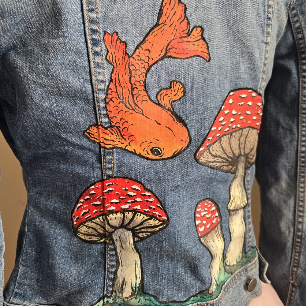 Custom Hand-Painted Denim Jacket with Fish and Mushroom Design